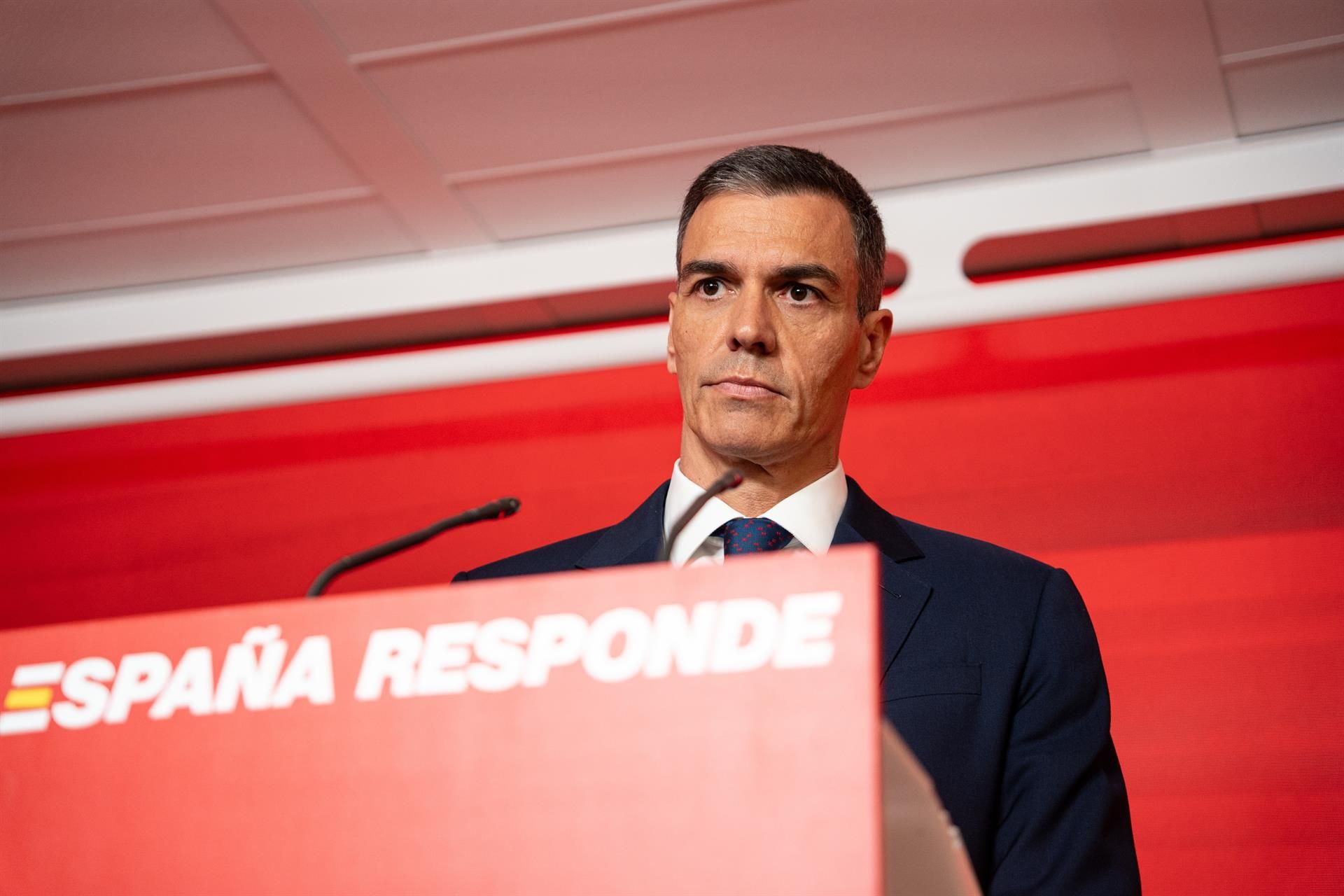 Pedro Sánchez, en su comparecencia en Ferraz tras el caso Santos Cerdán. | EUROPA PRESS
