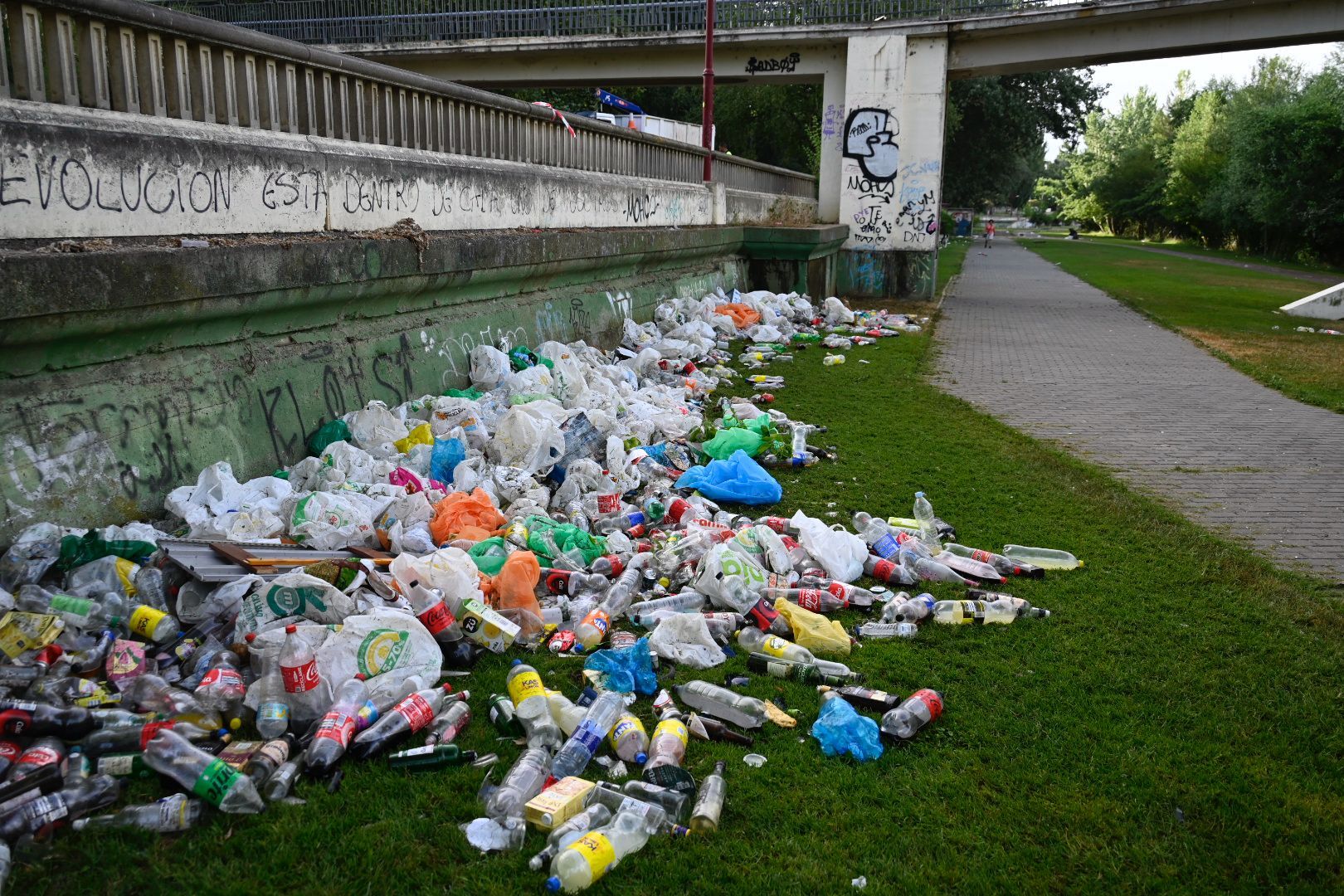 La ribera del río Bernesga amanece entre botellas y bolsas de plástico, resaca de la noche de San Juan. | SAÚL ARÉN La ribera del río Bernesga amanece entre botellas y bolsas de plástico, resaca de la noche de San Juan. | SAÚL ARÉN