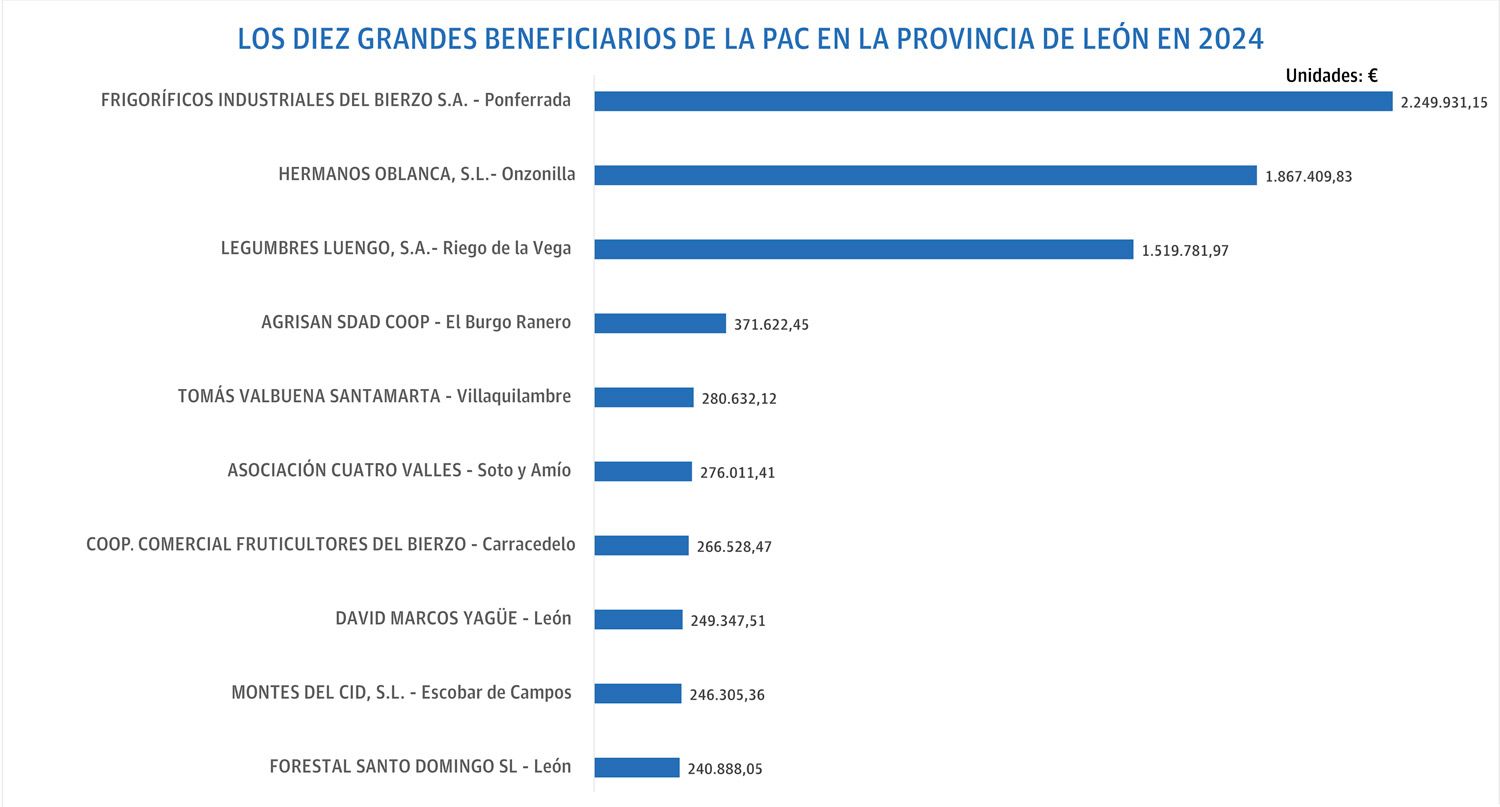Los diez grandes beneficiarios de las ayudas de la PAC en 2024 en León. 