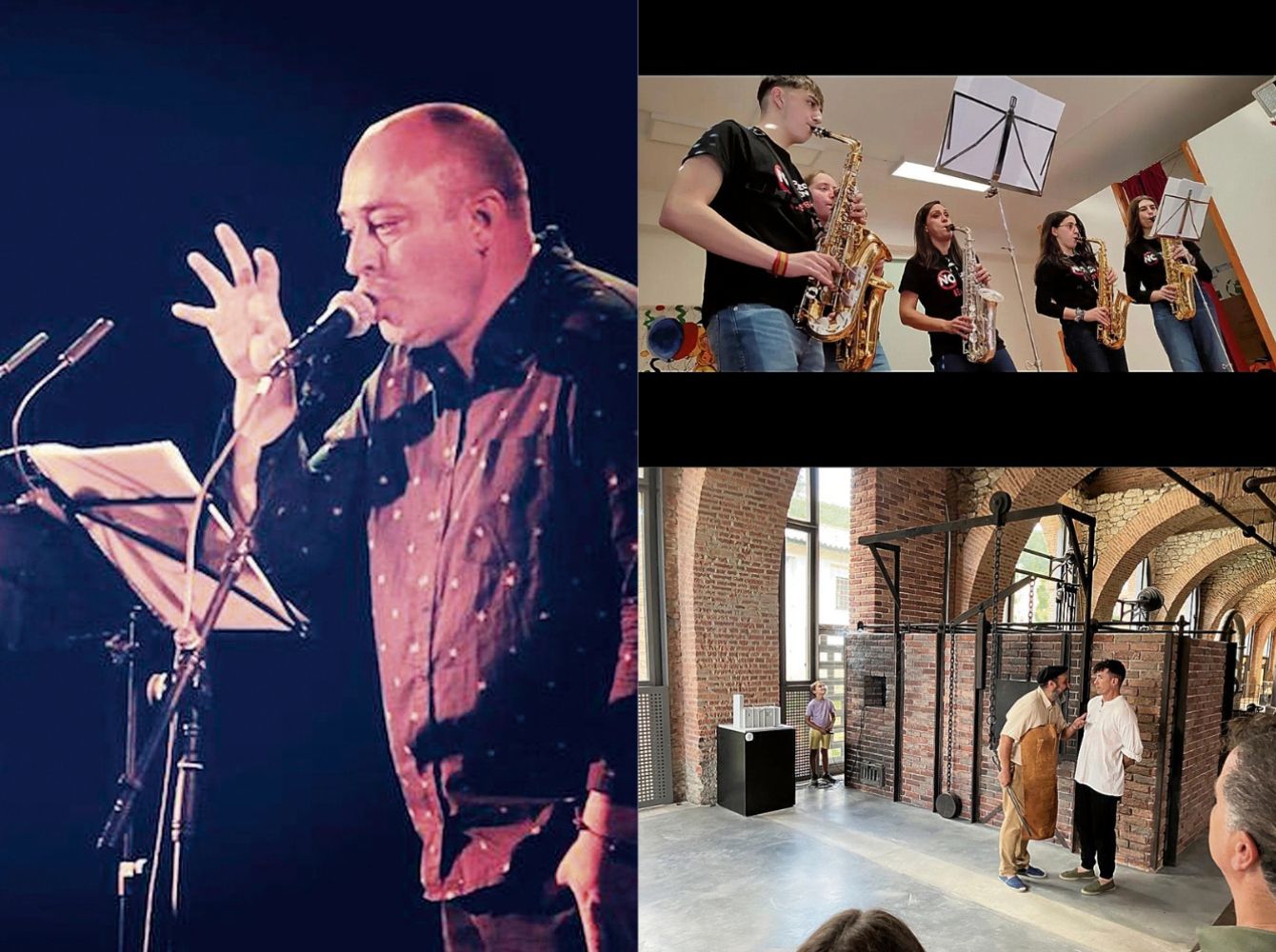 Algunas de las actividades de la Noche Blanca; el grupo de saxofones de la Banda de Cistierna;Manu Ferrero y el poeta Víctor Díez.