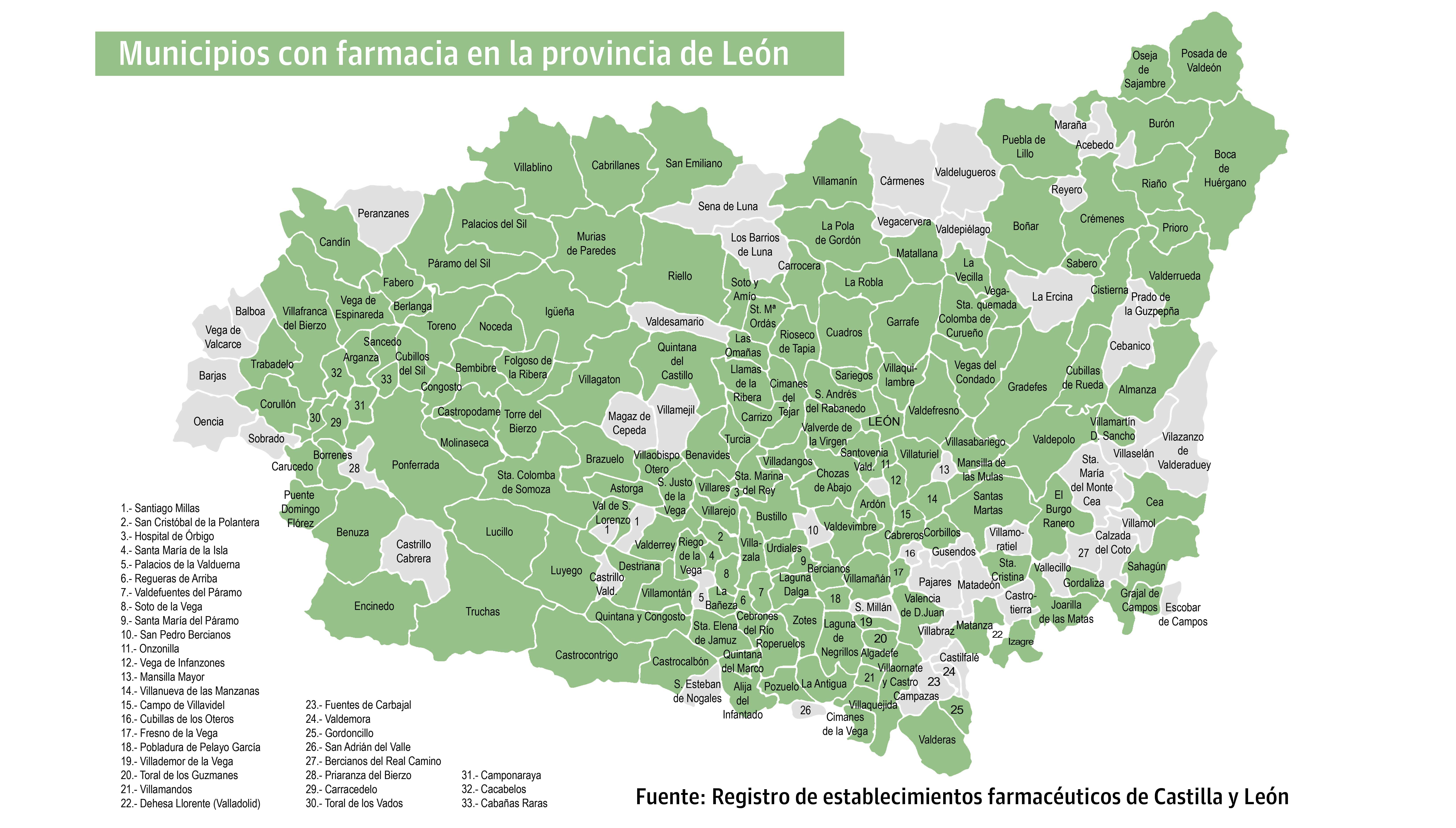 Mapa con los municipios leoneses que tienen alguna farmacia. | L.N.C.