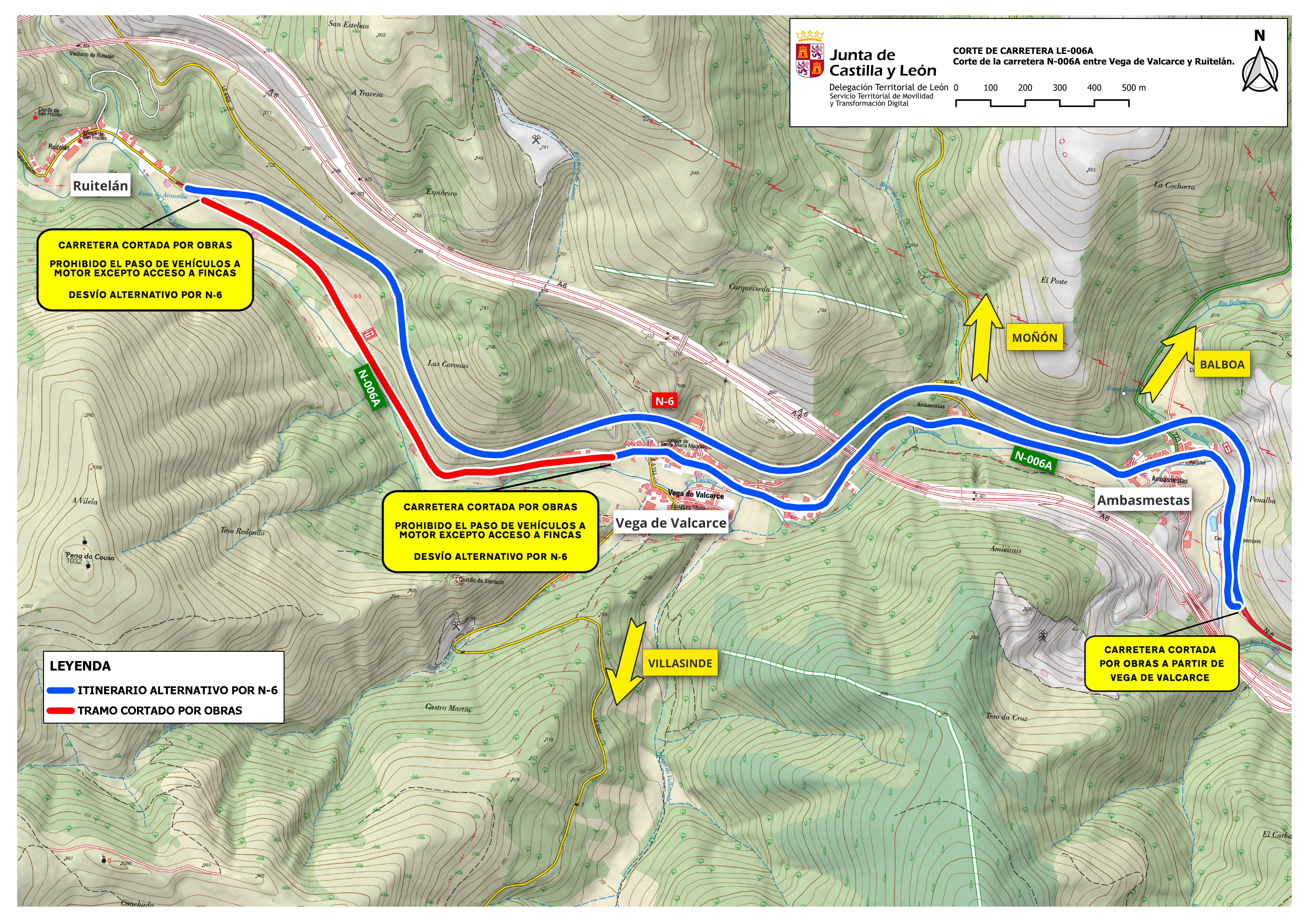 Infografía del corte de tráfico entre Vega de Valcarce y Ruitelán.
