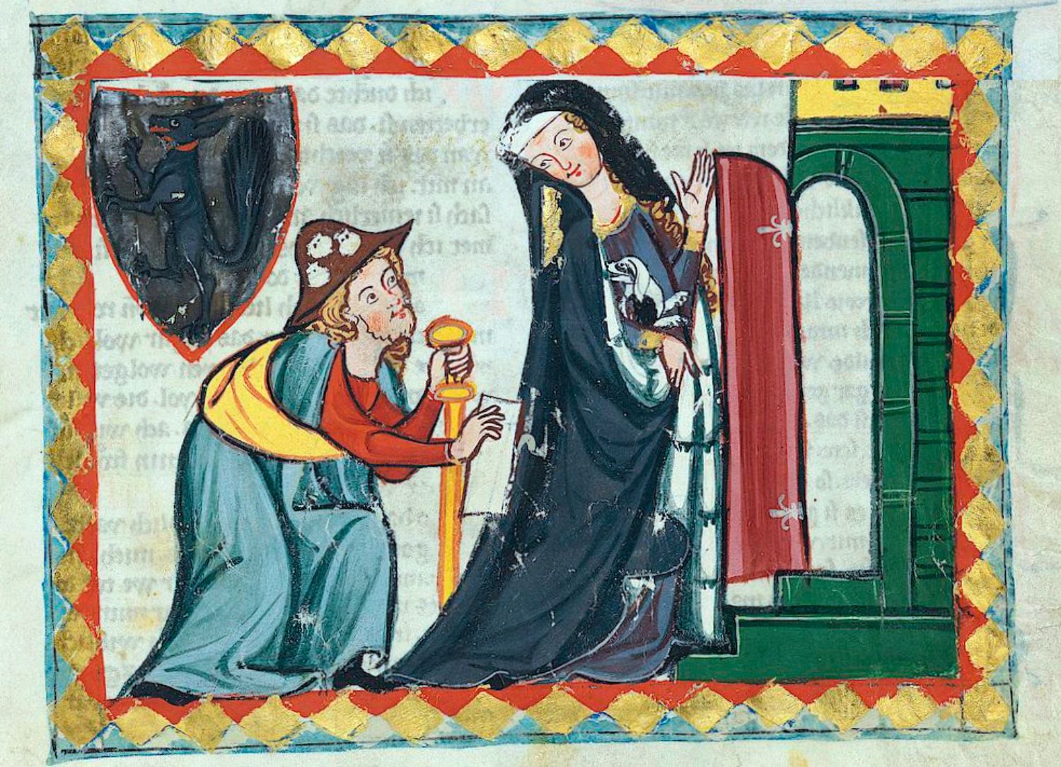 Un peregrino poeta demandando hospitalidad | Ilustración del siglo XV, del Códice Manesse/ Heidelberg, Universitätsbibliothek Heidelberg