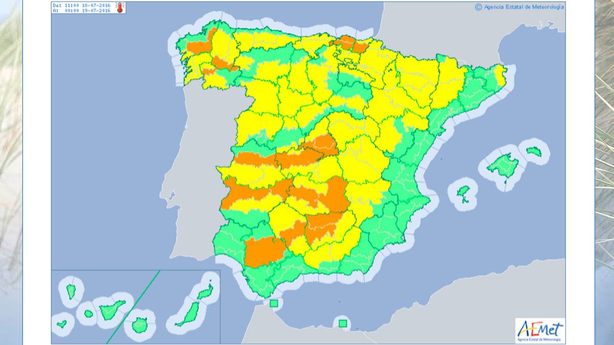 En amarillo, las zonas de riesgo donde se registrarán las temperaturas más altas en la provincia de León.