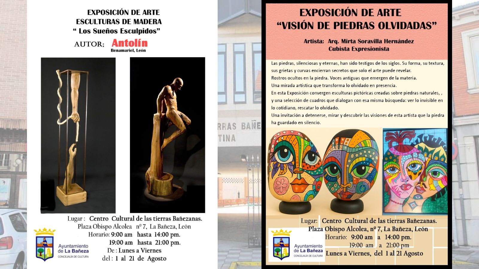 Carteles de las próximas exposiciones de Antolín y Mirta en el Centro Cultural de Tierras Bañezanas.