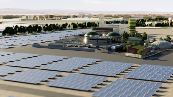 Infografía del parque de energías renovables que se planteaba construir en Puente Castro para dar servicio a la red de calor sostenible. |JCYL