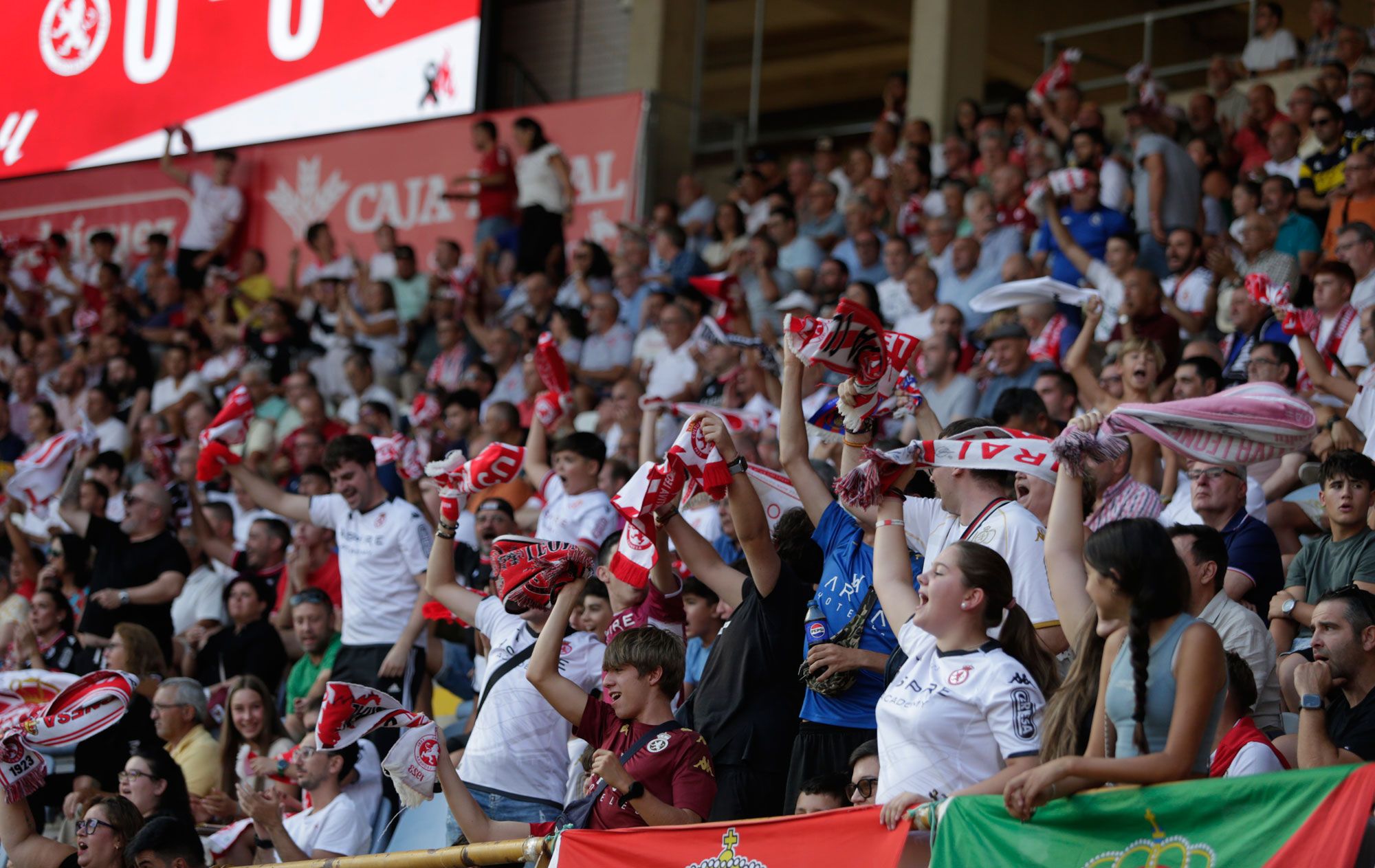 Los seguidores de la Cultural, con sus bufandas frente al Almería. | FERNANDO OTERO