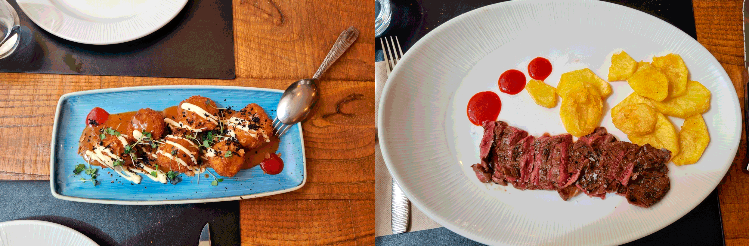 A la derecha las croquetas semilíquidas y a la derecha el onglet de vaca marinada y braseada.