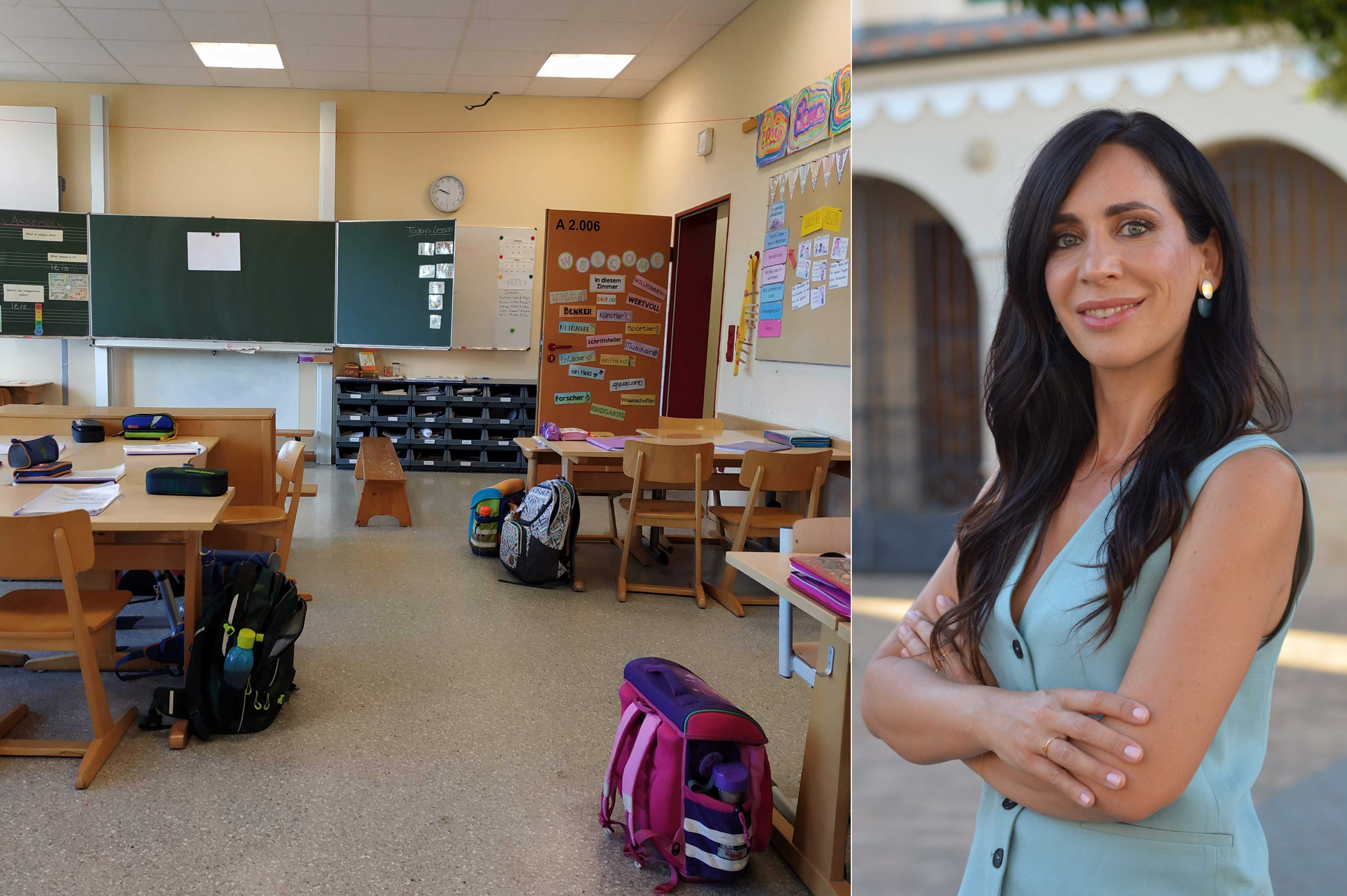 Un aula de Alemania y la profesora Elena Pérez Barrioluengo. | L.N.C.