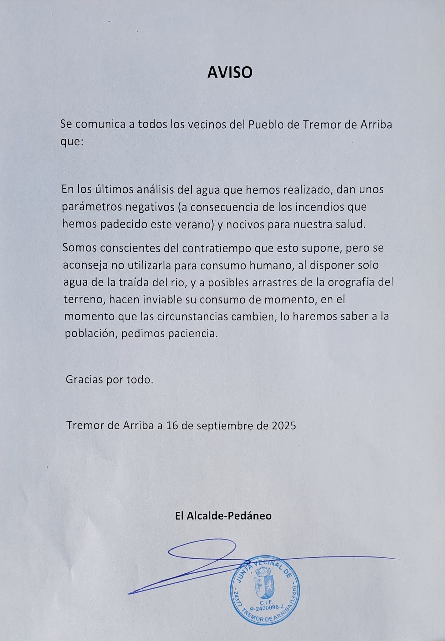 Aviso publicado por la pedanía. 