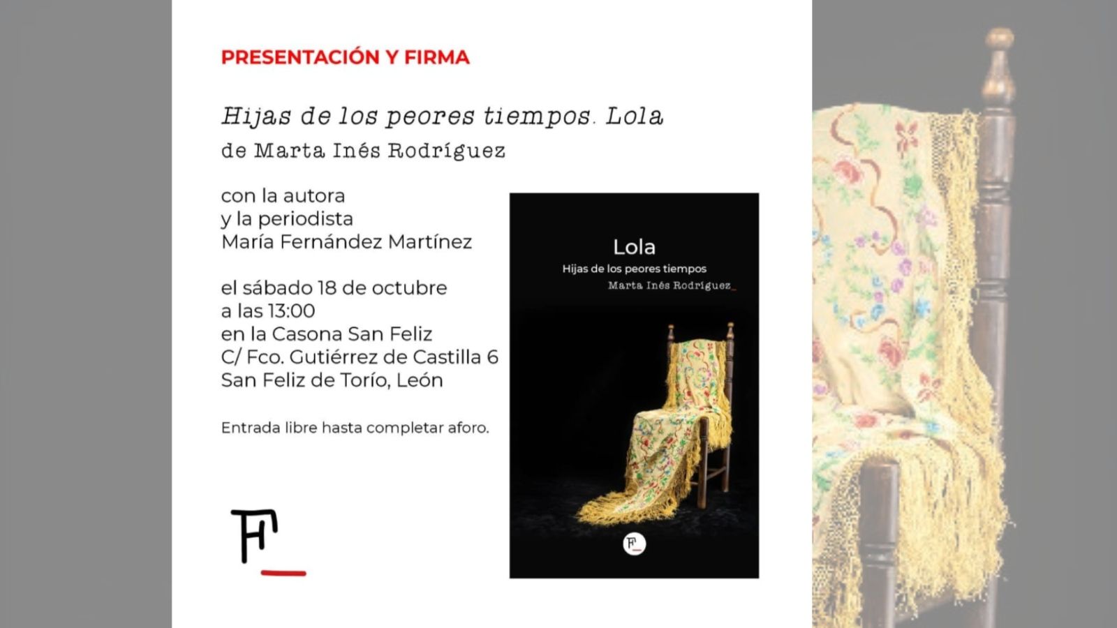 Presentación de ‘Lola’, la nueva novela de Marta Inés Rodríguez, este sábado 18 de octubre en San Feliz de Torío | L.N.C.