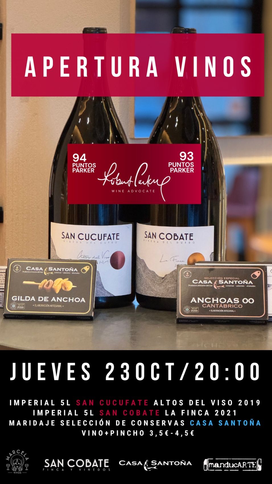 Cartel anunciador de la exclusiva cata con botellas Imperiales y maridaje gourmet organizada por Marcela Vinos | L.N.C.