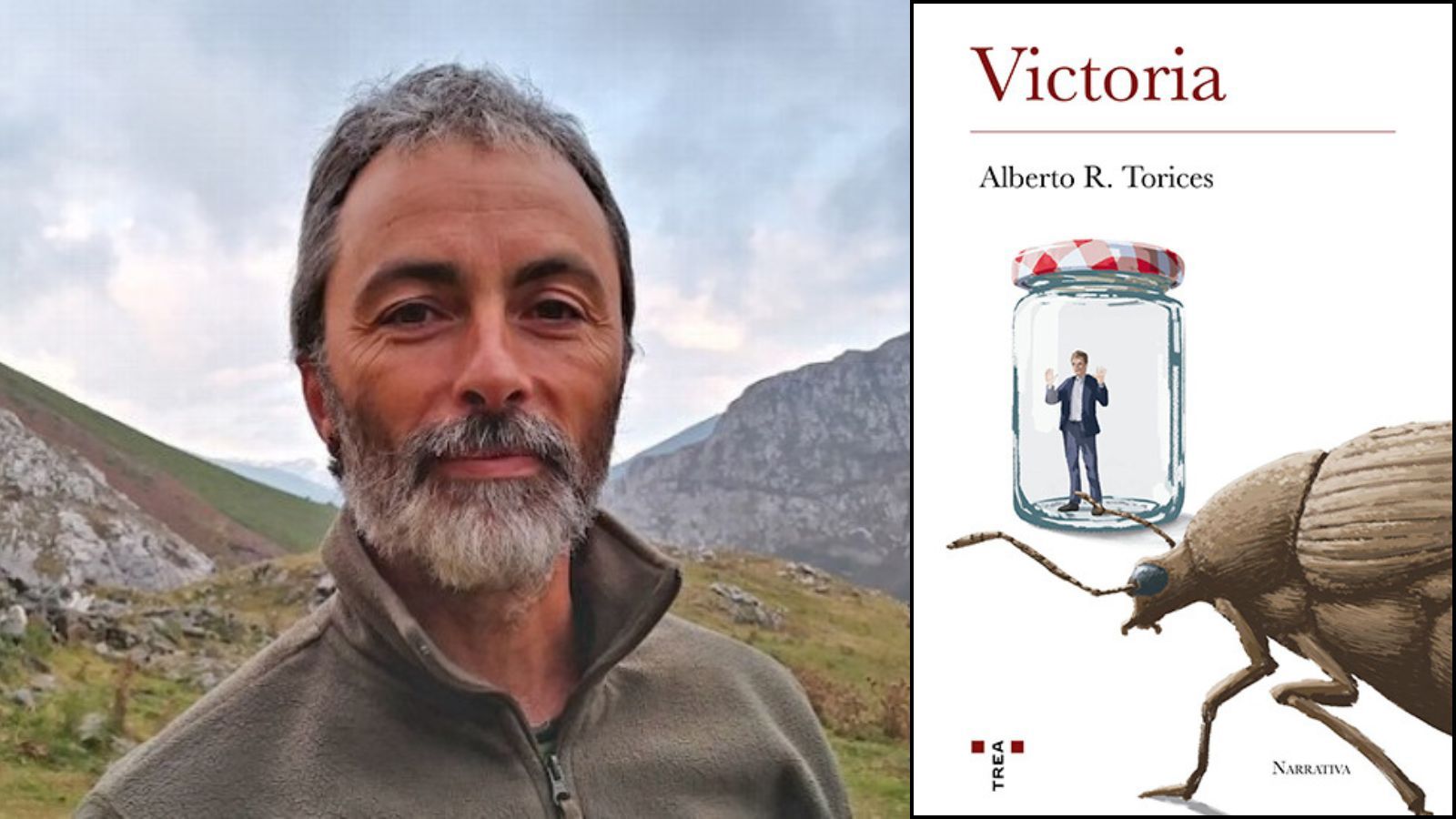 El autor de ‘Victoria’, Alberto R. Torices y la portada de la publicación. | EDICIONES TREA