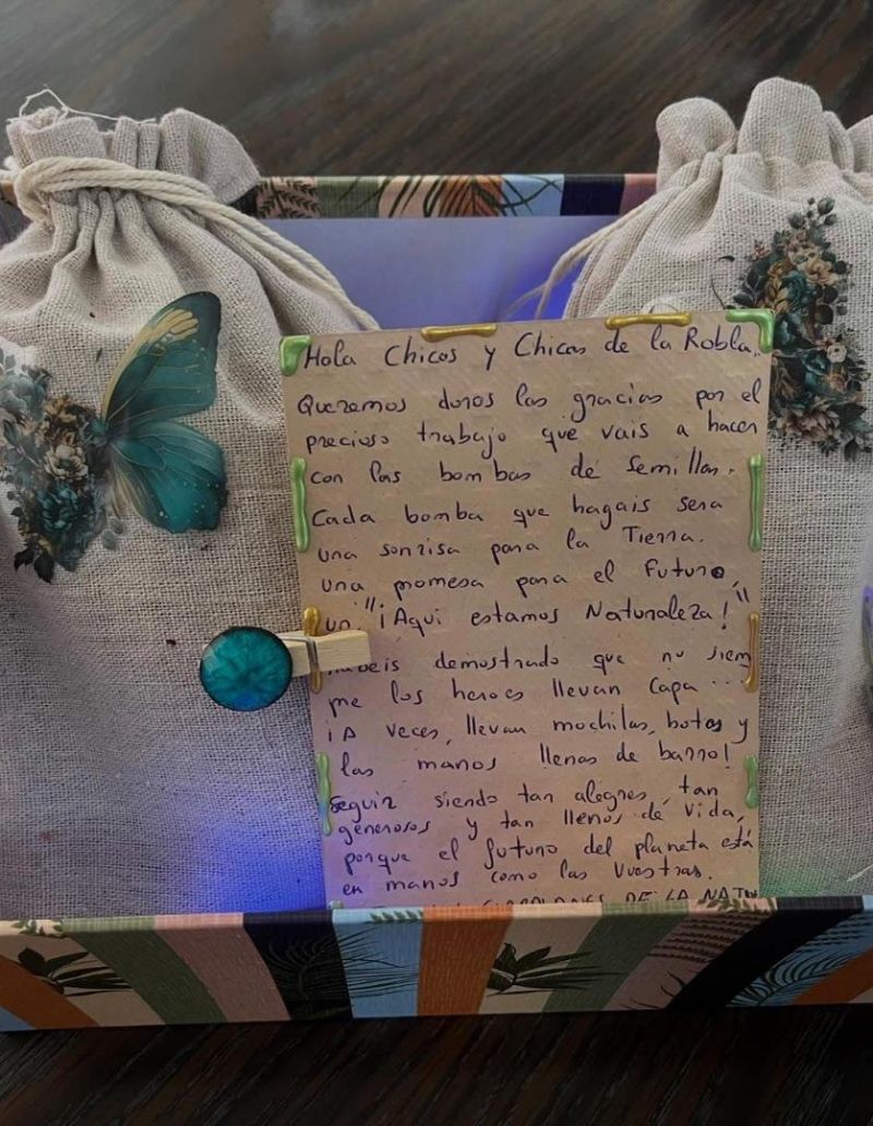 La caja que recibieron en el colegio con las semillas y una carta a los niños. La caja que recibieron en el colegio con las semillas y una carta a los niños.