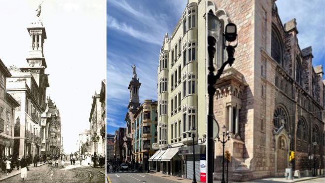 Fachada principal de la Iglesia del Sagrado Corazon de Jesús en 1024 y 2024 y fachada lateral de la iglesia (2024).