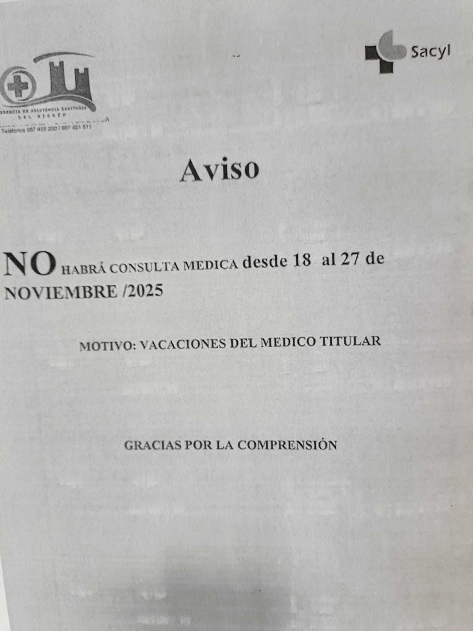 Cartel en la puerta del consultorio puesto tras su cierre. Cartel en la puerta del consultorio puesto tras su cierre.
