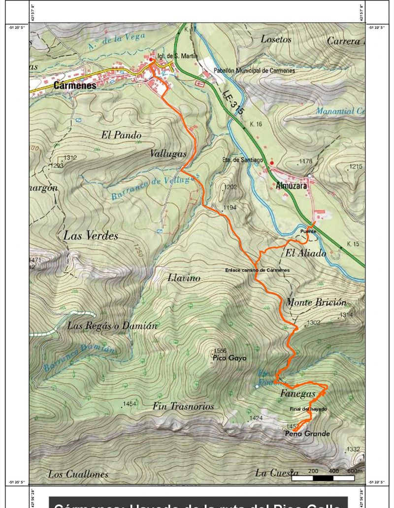 Mapa del Hayedo en la ruta del pico Gallo