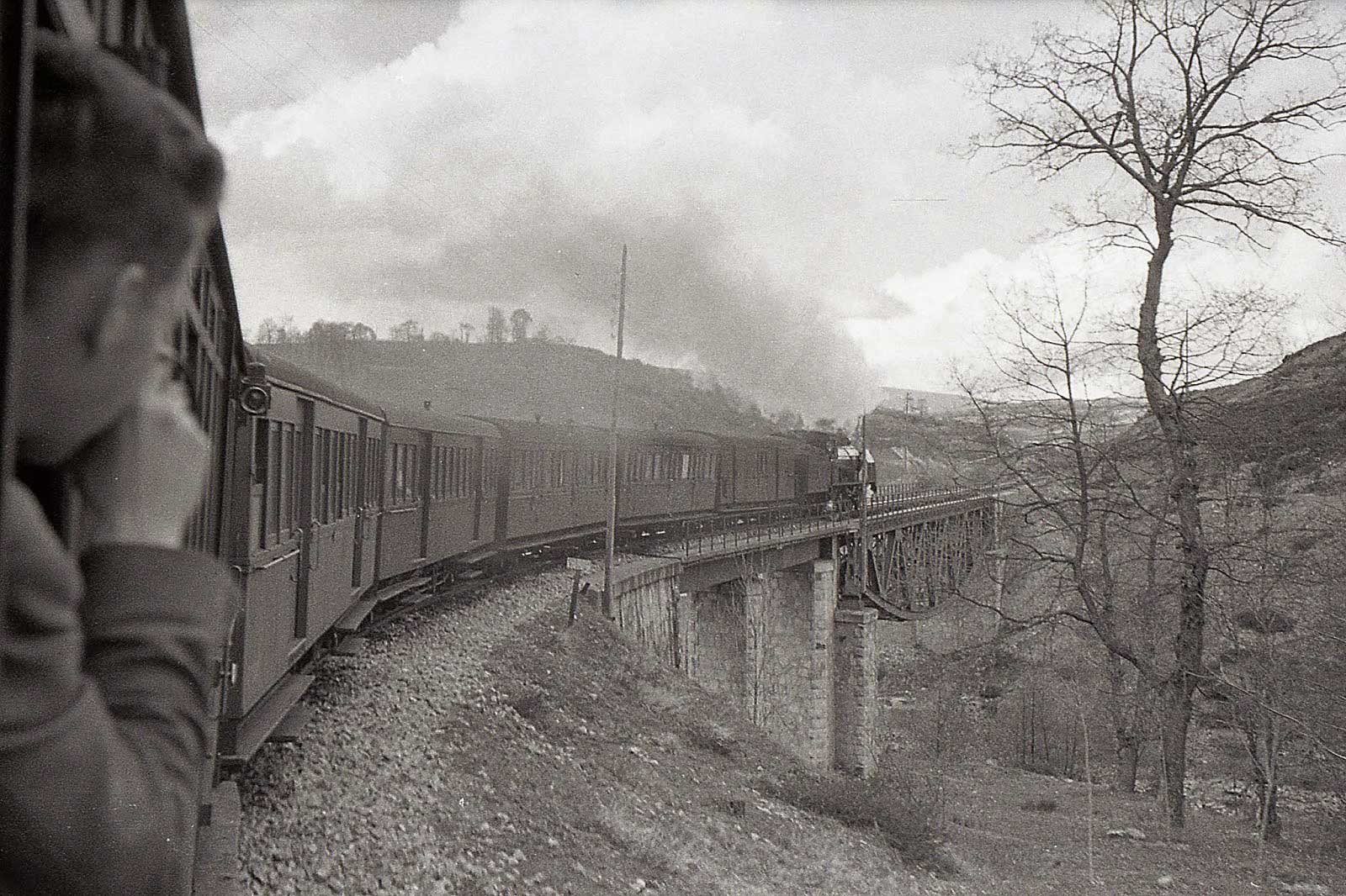 ¡Ya se ve la locomotora asomada a la curva del monte tras de los robles! ¡Ya silba pasado el puente de hierro sobre el río! ¡Ya entra en la estación!. | EUSKOTREN