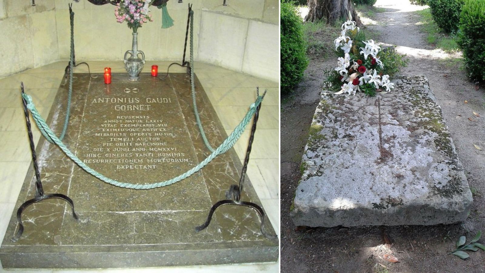 Las lápidas de Antonio Gaudí (1952 1926) y de Ramón María del Valle Inclán  (1866 1936).