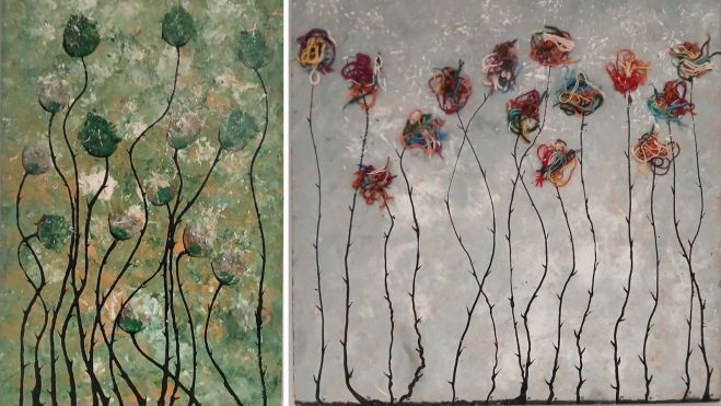 Todos los cuadros de la exposición que Paco Romo muestra en la Biblioteca Pública tienen ‘diferentes versiones’ de 14 flores. Todos los cuadros de la exposición que Paco Romo muestra en la Biblioteca Pública tienen ‘diferentes versiones’ de 14 flores.