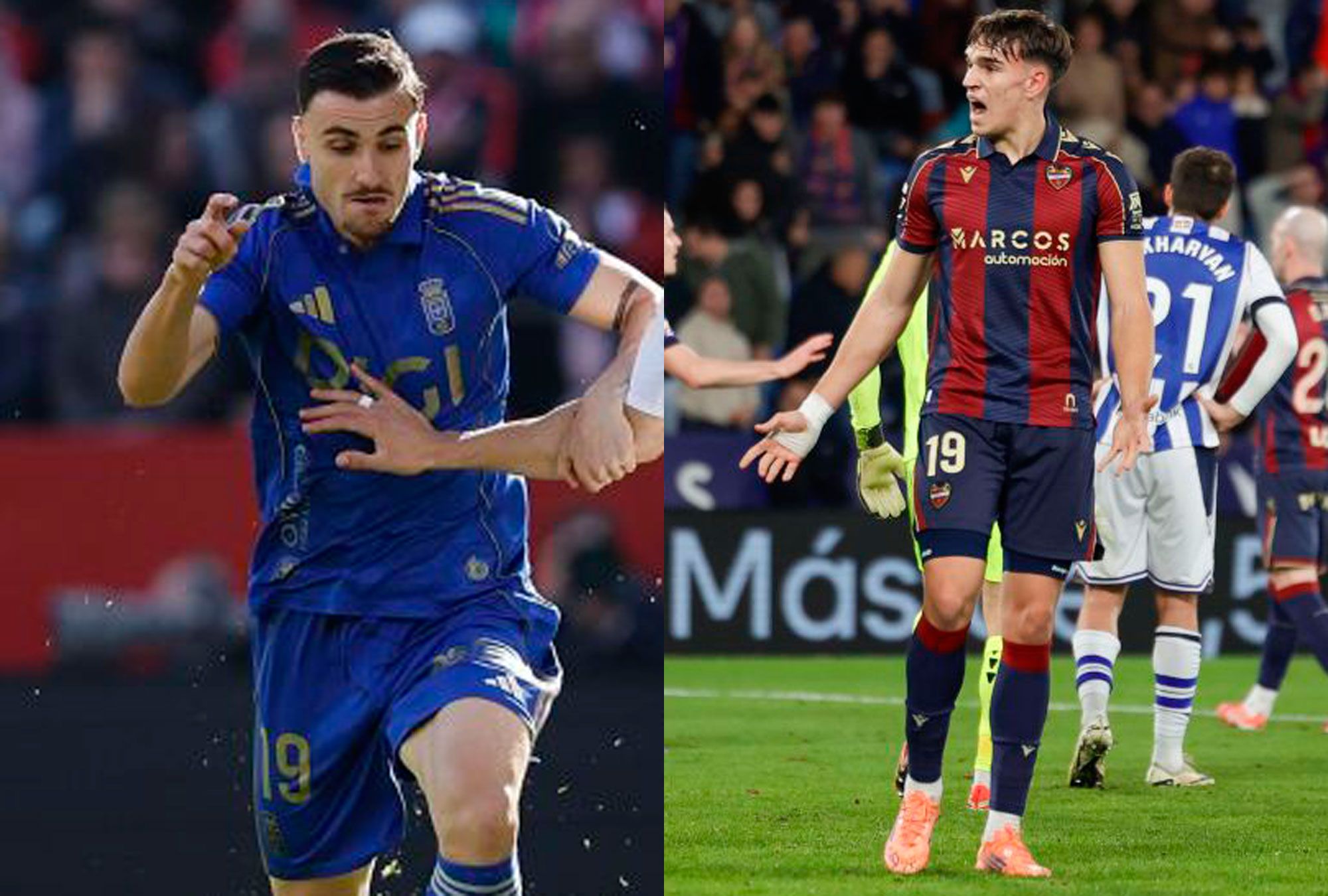 Forés, durante un encuentro este año con el Oviedo; y Espí, en un choque con el Levante. | LALIGA