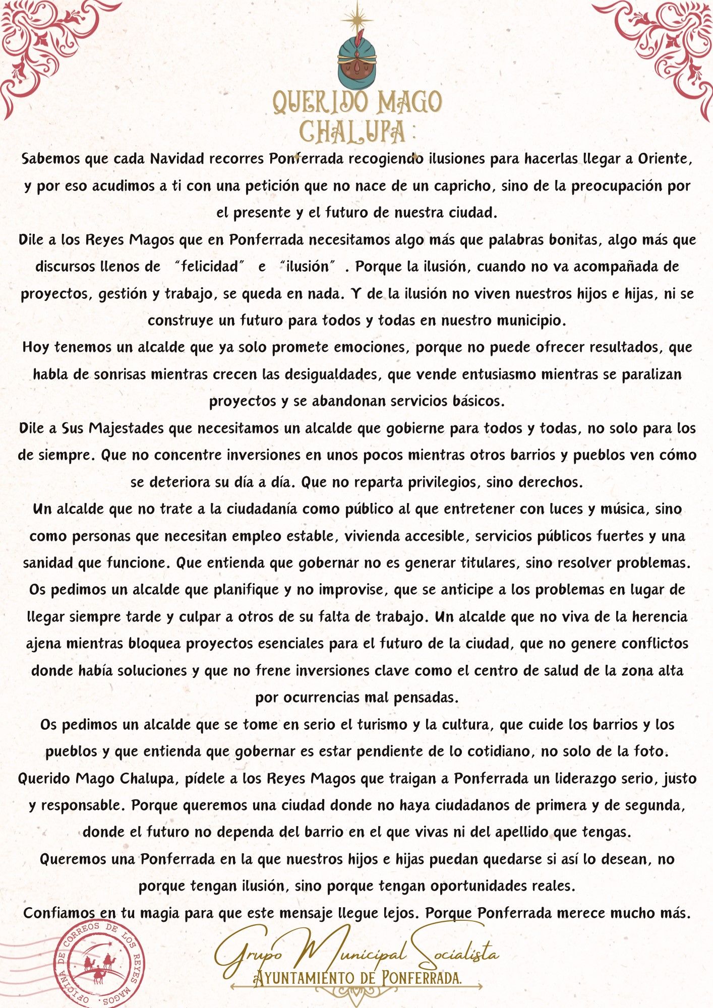 Carta del PSOE al Mago Chalupa.