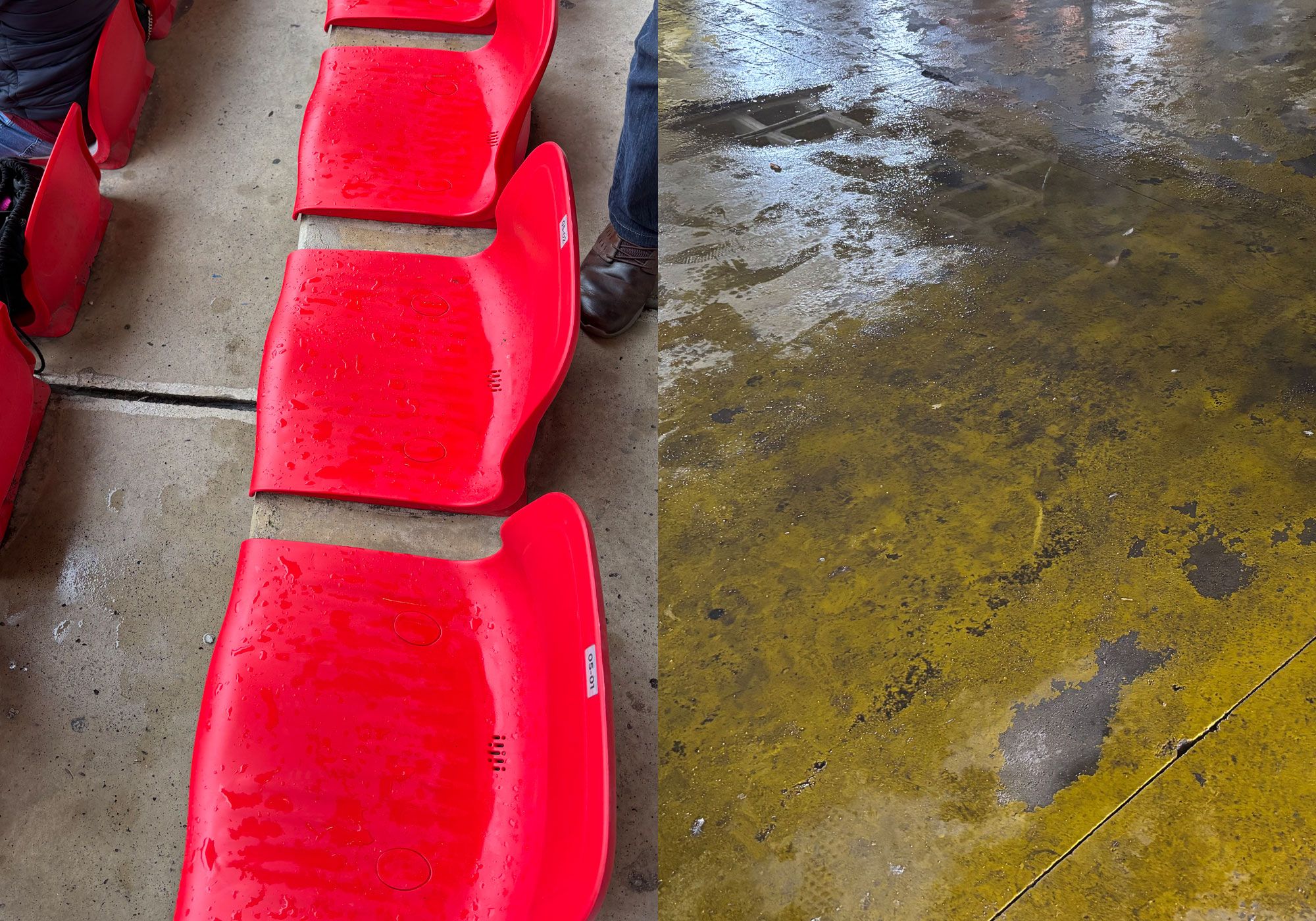 Imagen ante la Real B de asientos mojados por la gotera o la zona cercana al bar de la zona oeste inundada. | J.C.