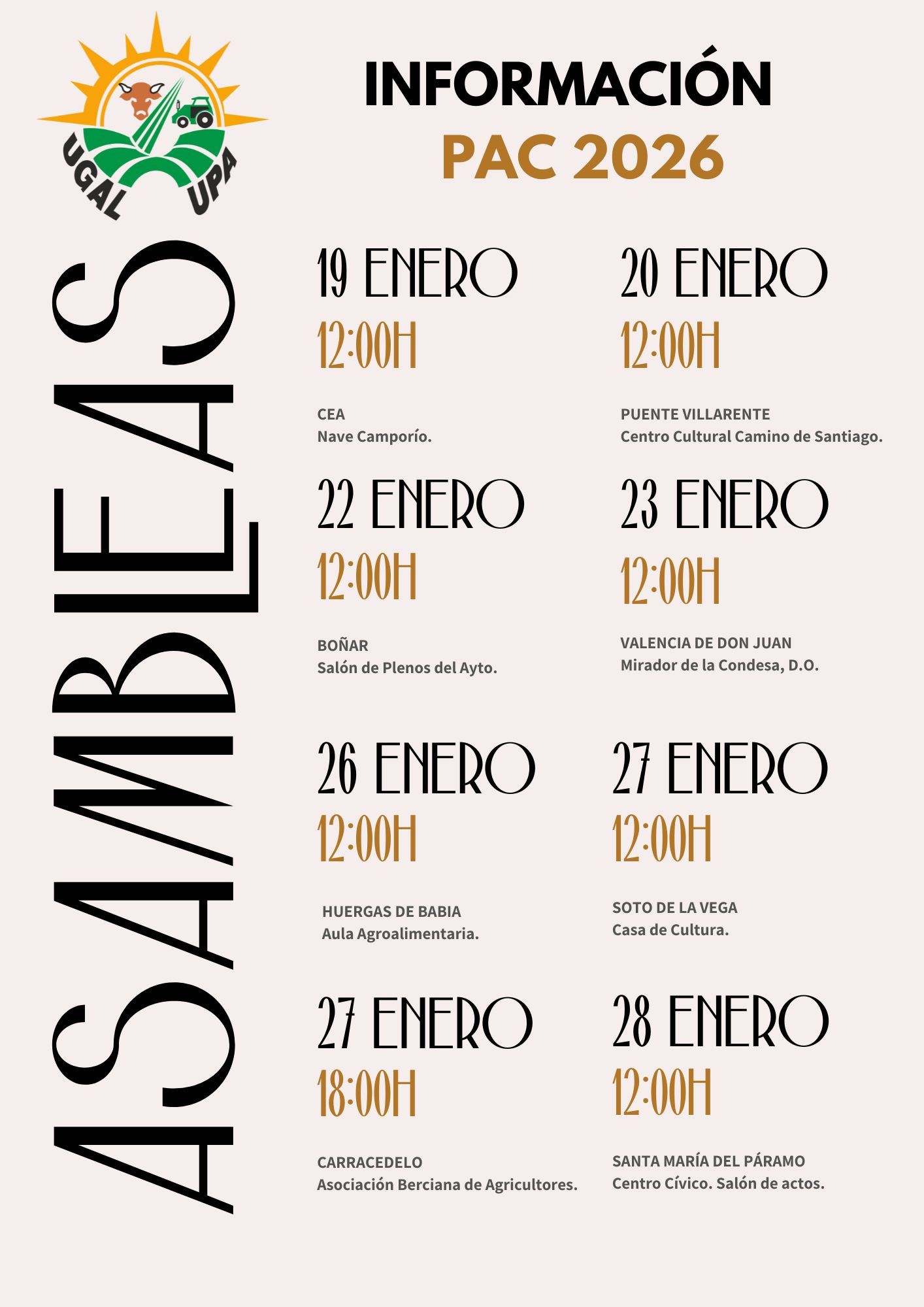 Cartel con las asambleas de Ugal-UPA.