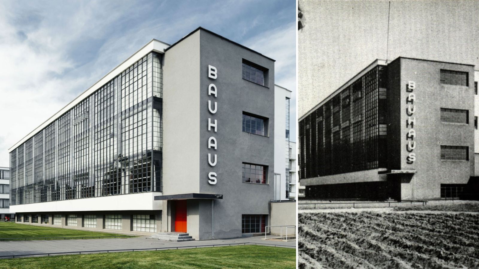 Edificio actual de la Bauhaus (izquierda) y una imagen del mismo edificio en el año 1927 (derecha).