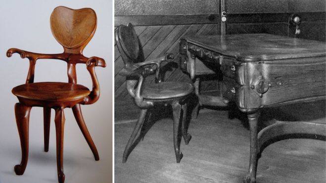La silla diseñada por Antonio Gaudí y otras piezas del mobiliario de la casa Calvet.