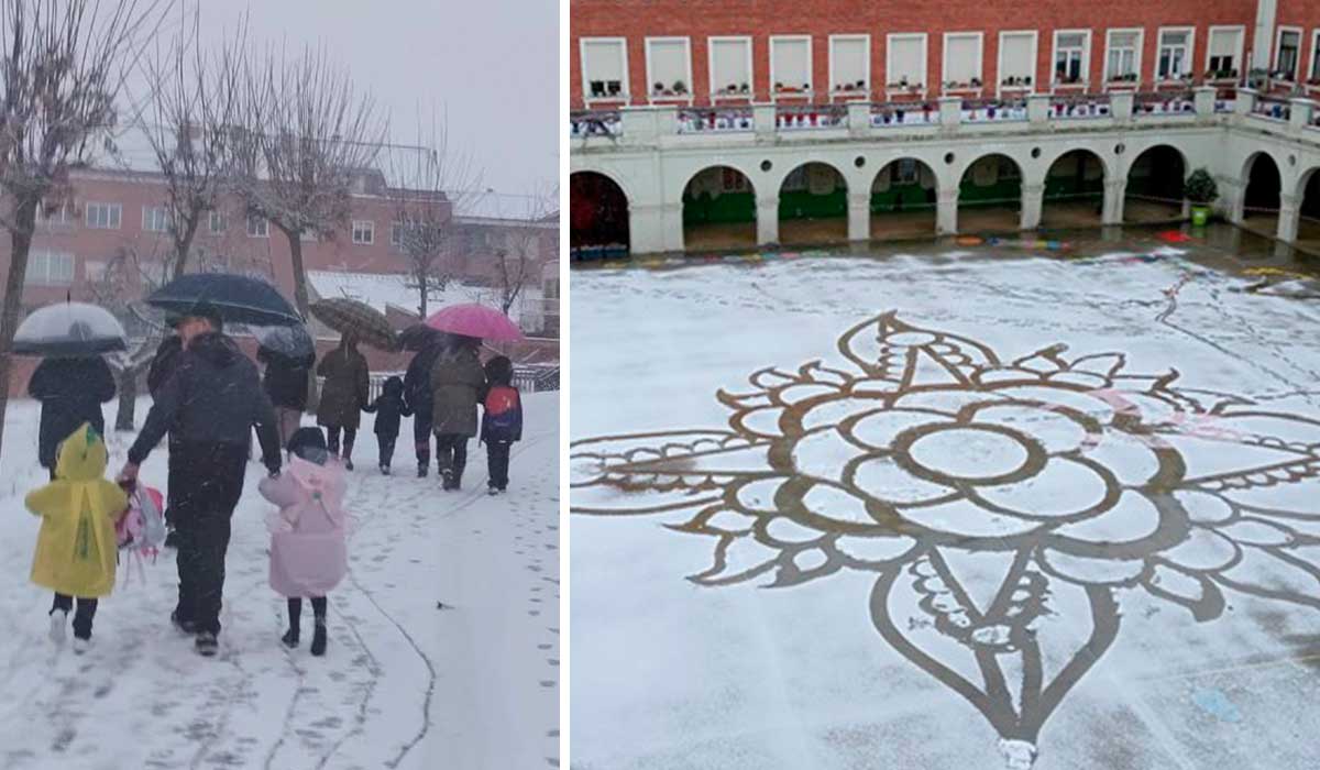 Familias llevando a alumnos a clase este viernes y el patio artístico de los Maristas. | L.N.C.