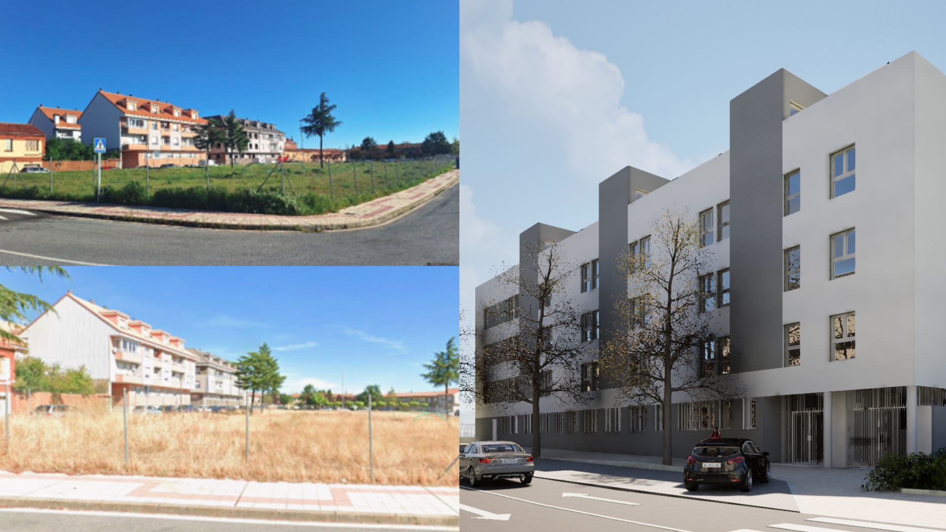 La obra tiene un plazo de 30 meses y se realizará en un solar que fue propiedad de Defensa (i). A la derecha, un proyecto similar de la empresa adjudicataria para Madrid. | L.N.C.