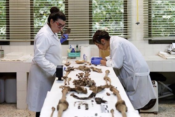 Investigadoras con los restos localizados en el cementerio viejo.
