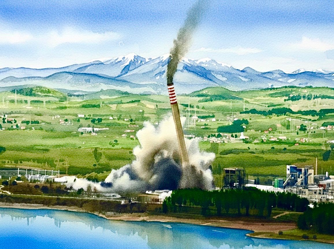 Acuarela de la caída de la chimeneas en una acuarela de Alfonso Fernández Manso. 