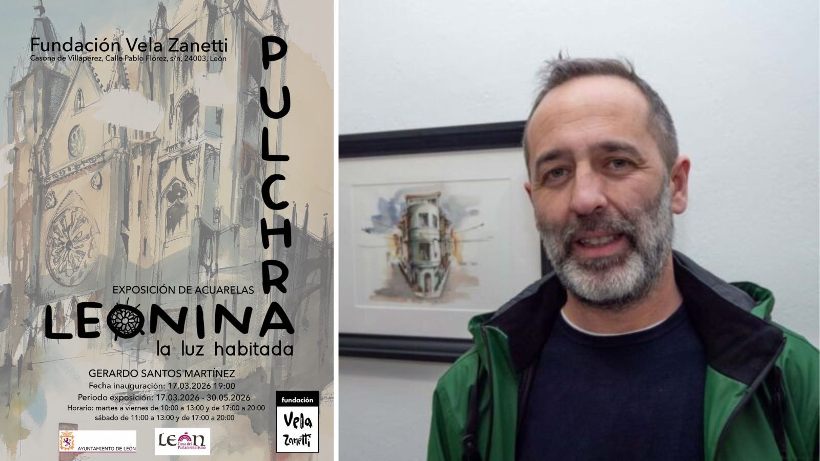 El artista leonés Gerardo Santos Martínez y el cartel de la exposición. | GALERÍA ÁRMAGA