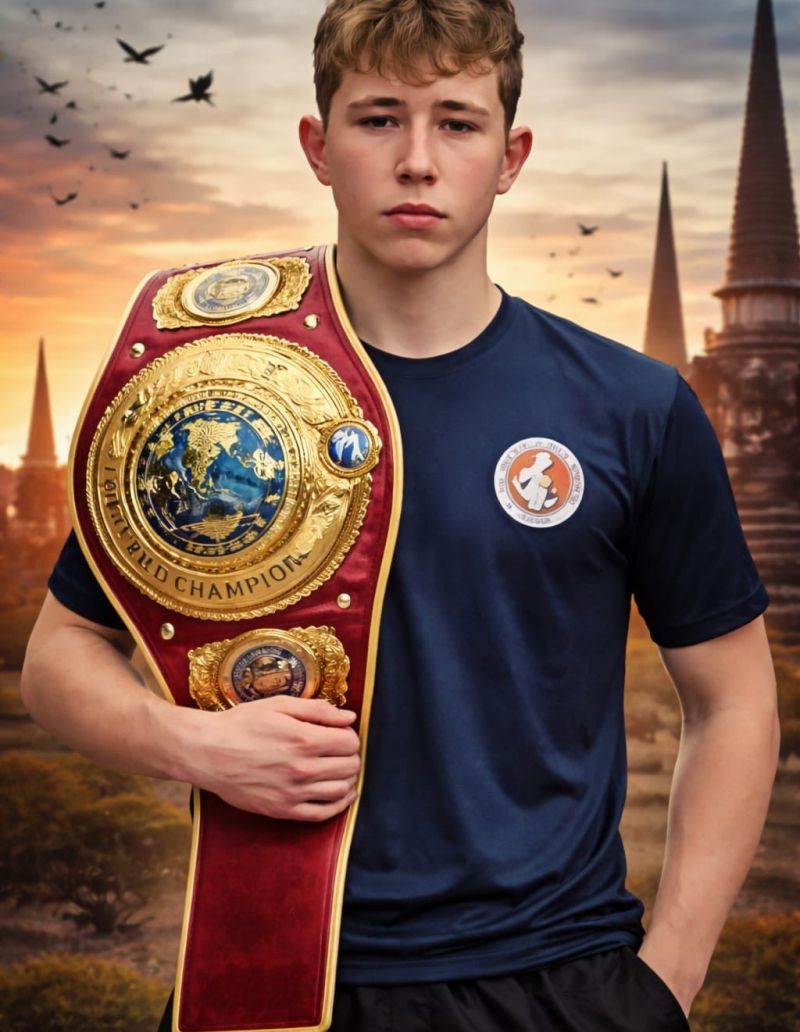 Yorel Laiz con su cinturon de Campeón del Mundo de muay thai