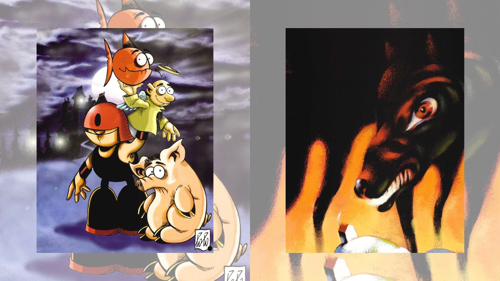 Una obra de Lolo (izq.) y otra de Toño Benavides (der.) para la exposición que se inaugura este martes en Villablino.