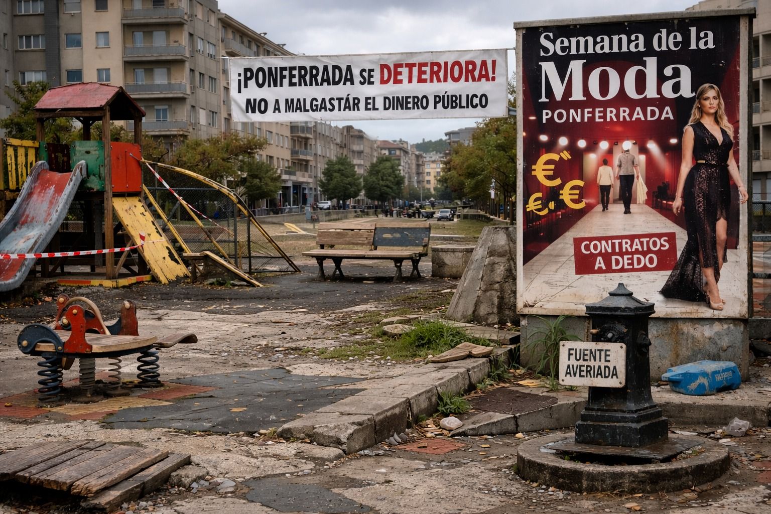 Imagen de la IA realizada por el PCE sobre el deterioro que considera que sufre Ponferrada.