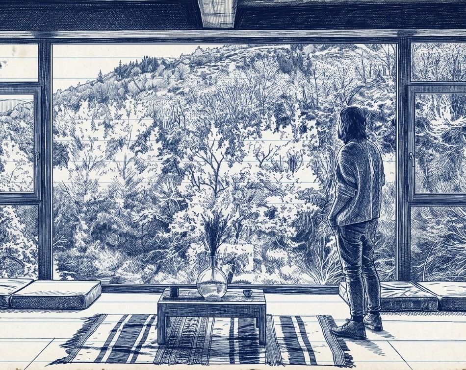 Oliver Laxe en Casa Quindós de Vilela, en Os Ancares lucenses (Dibujo Alfonso Fernández-Manso).