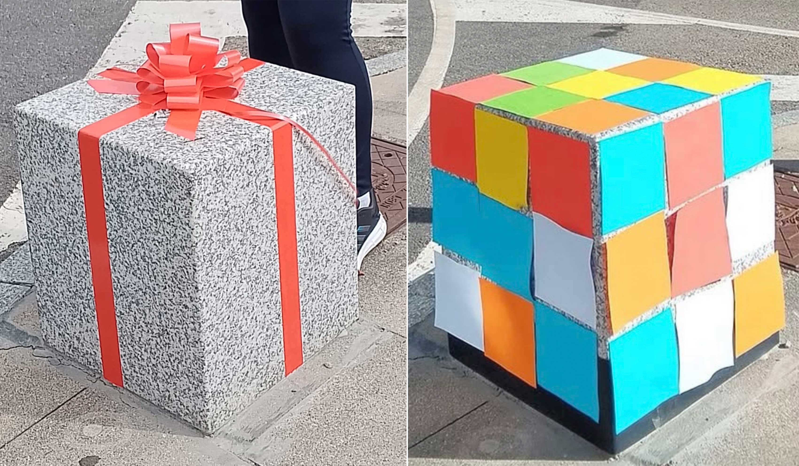 Intervenciones artísticas en los bloques de piedra frente a los Maristas. | L.N.C.