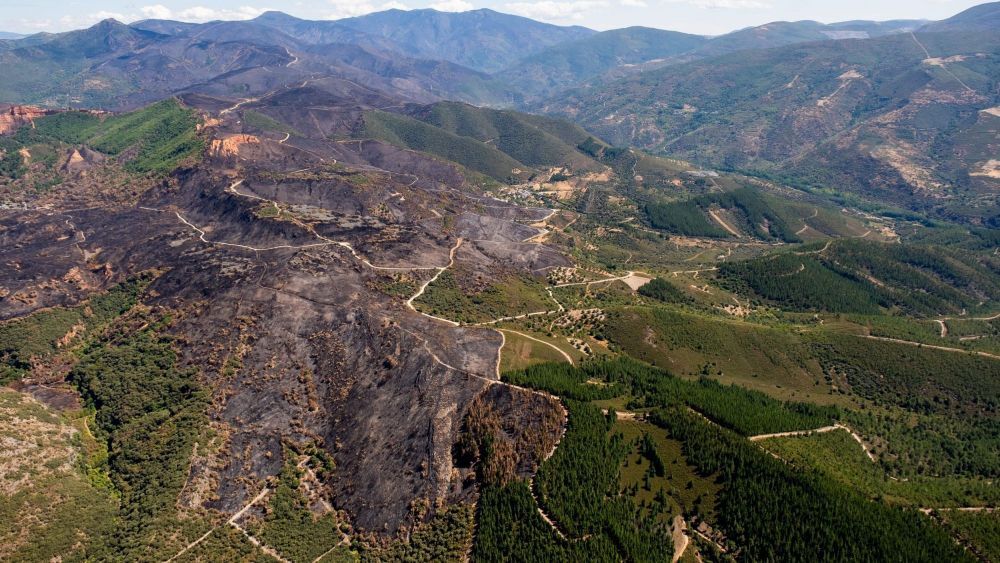 Imagen del paraje berciano de Las Médulas tras el paso del fuego. | GREENPEACE / PEDRO ARMESTRE