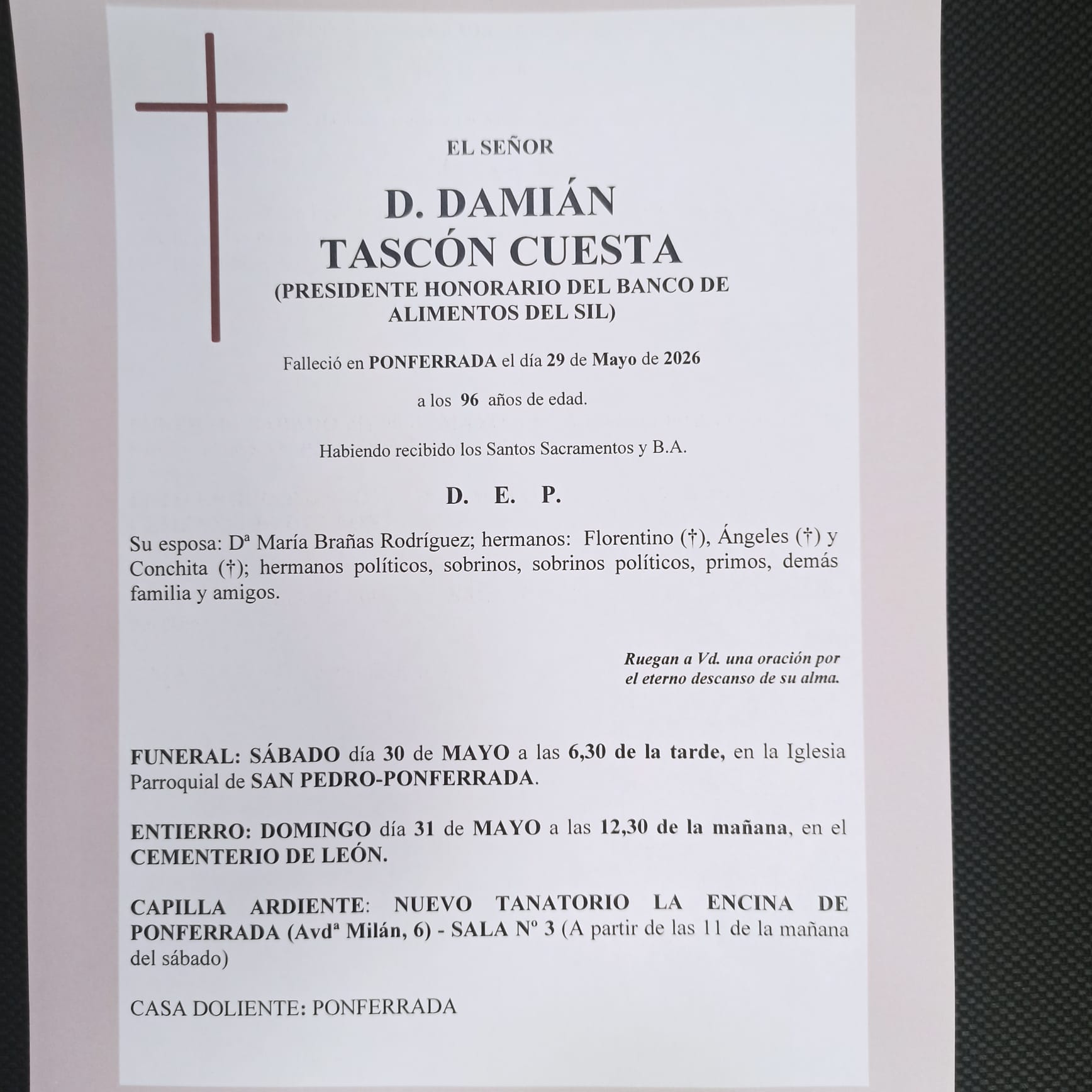 Fallece Damián Tascón, el corazón del Banco de Alimentos de Ponferrada. Fallece Damián Tascón, el corazón del Banco de Alimentos de Ponferrada.