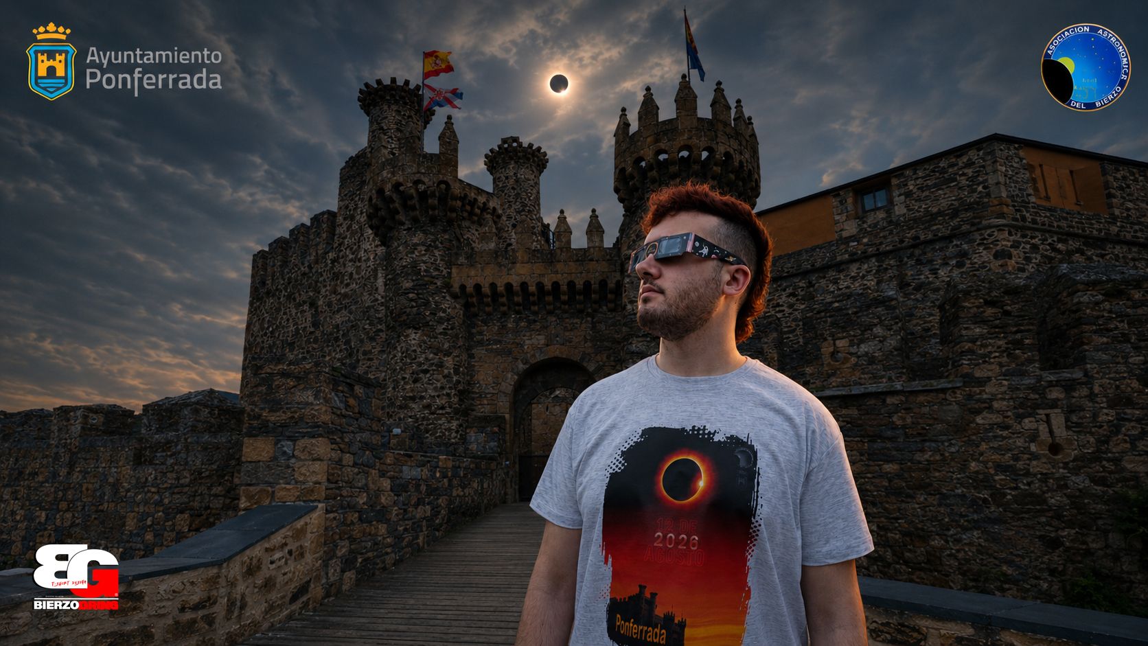 Camiseta dedicada a conmemorar el eclipse solar con el Castillo de Ponferrada detrás.