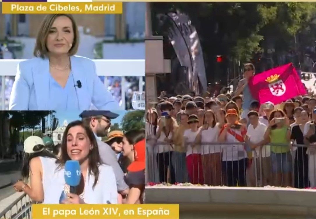 Una bandera de León se 'cuela' en la retrasmisión ofrecida por TVE acerca de la visita de León XIV a Madrid. | L.N.C. Una bandera de León se 'cuela' en la retrasmisión ofrecida por TVE acerca de la visita de León XIV a Madrid. | L.N.C.