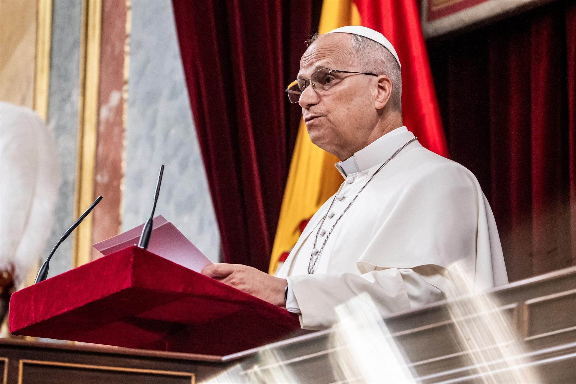 El Papa León XIV este lunes durante su intervención en el Congreso. | EUROPA PRESS