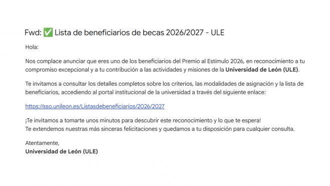 Imagen del correo fraudulento que suplanta a la Universidad de León. | L.N.C. Imagen del correo fraudulento que suplanta a la Universidad de León. | L.N.C.