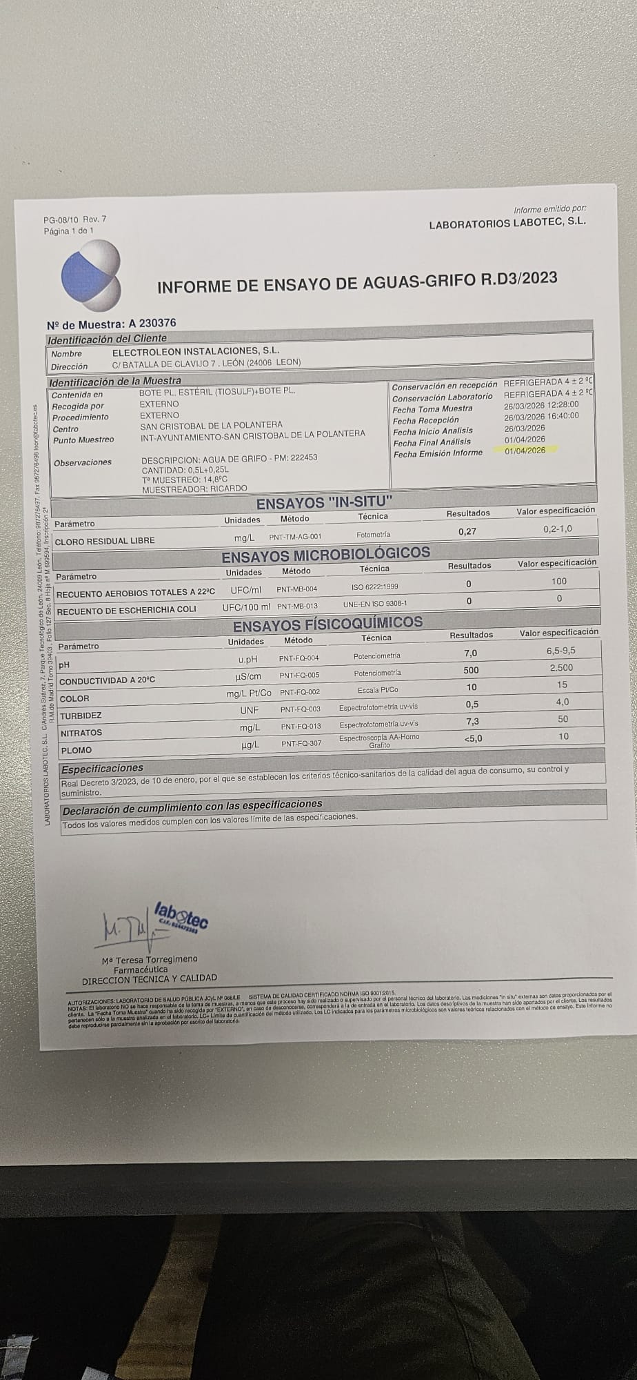 Imagen del informe de ensayo realizado por la empresa Electroleón en San Cristóbal de la Polantera el pasado mes de abril. | L.N.C. Imagen del informe de ensayo realizado por la empresa Electroleón en San Cristóbal de la Polantera el pasado mes de abril. | L.N.C.
