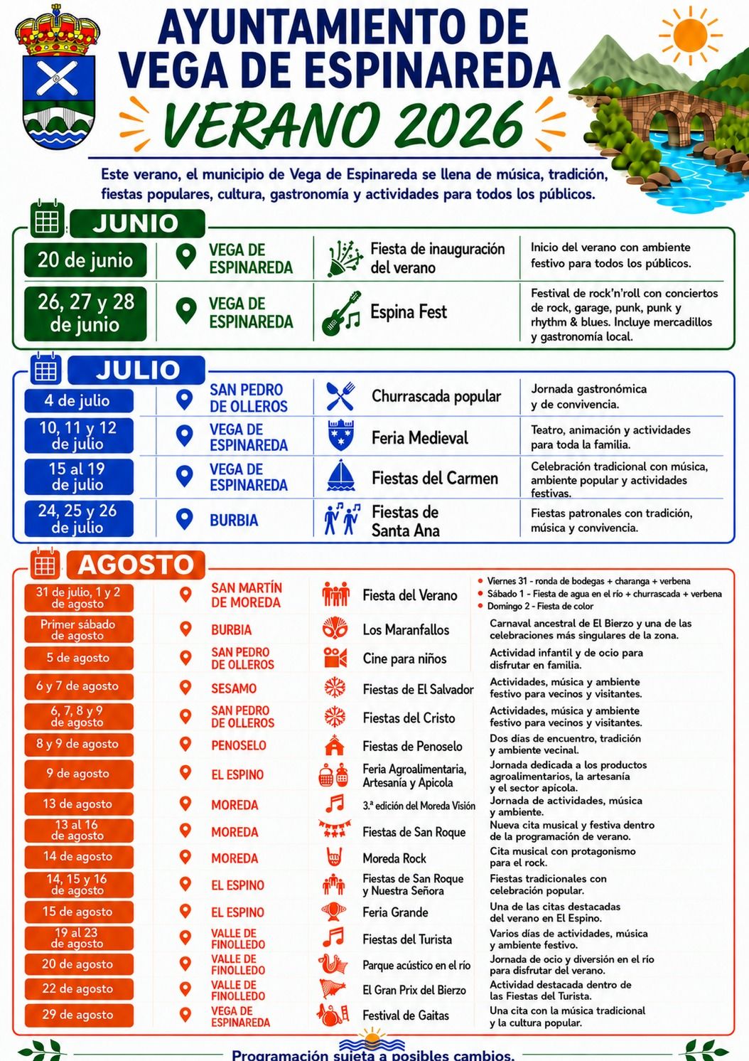 Cartel del programa estival que ofrece Vega de Espinareda. | AYTO. VEGA Cartel del programa estival que ofrece Vega de Espinareda. | AYTO. VEGA