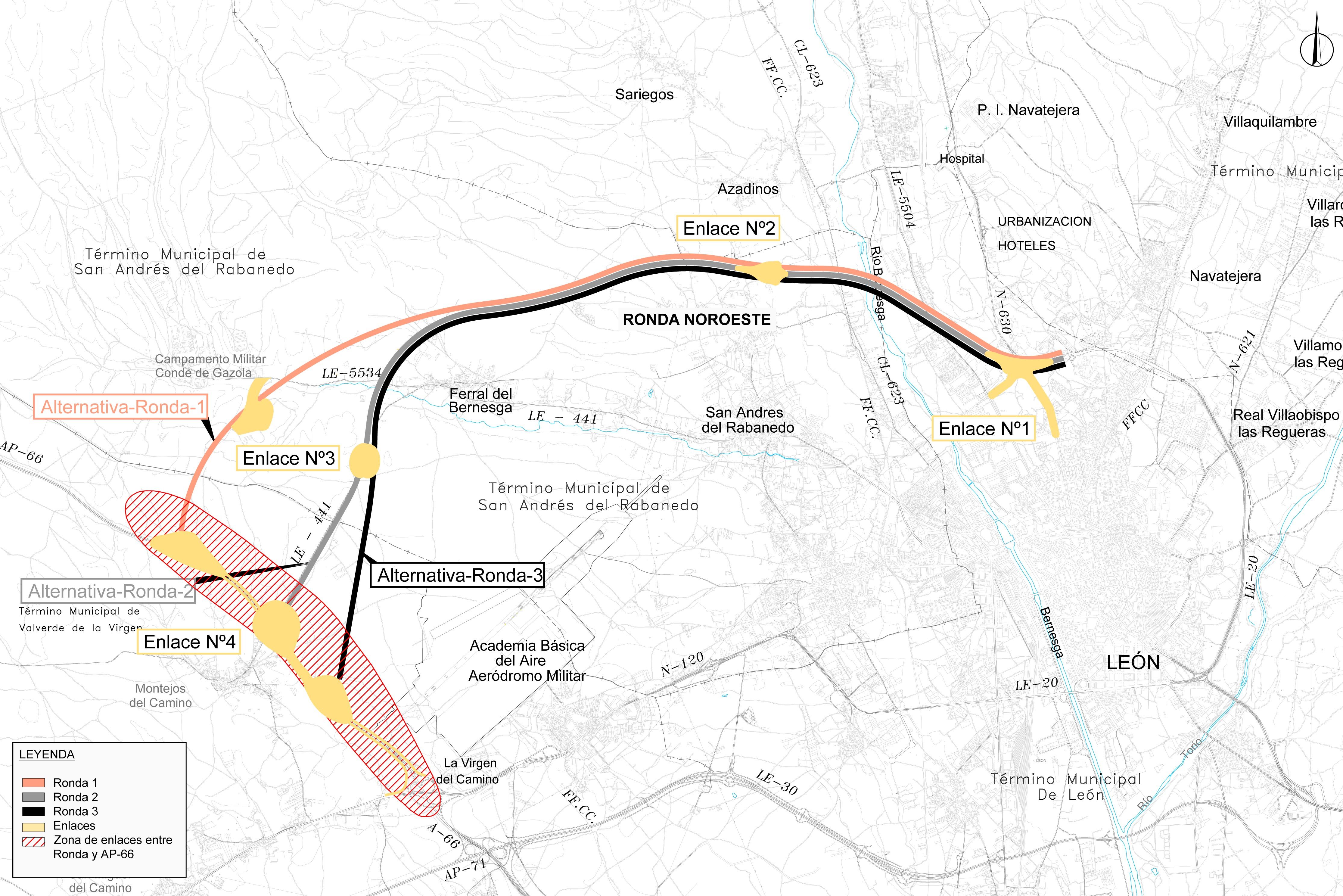 Plano de la ronda noroeste con las tres opciones que se barajan en la zona más próxima al enlace con la sur. | LNC