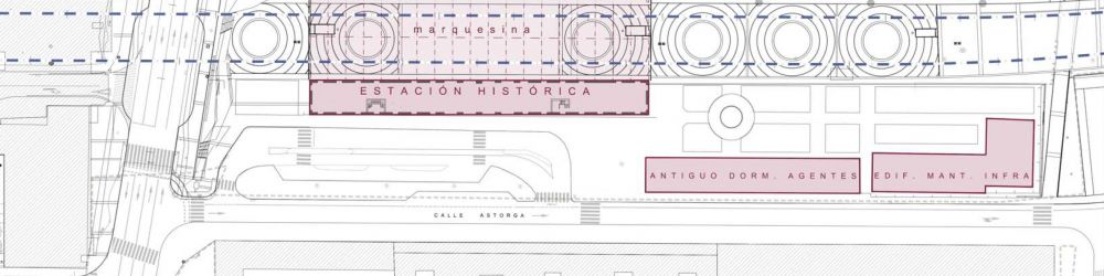 Situación actual. Plano de la antigua estación de trenes, ubicada junto al dormitorio de maquinistas y el edificio de mantenimiento de infraestructuras en la calle Astorga.